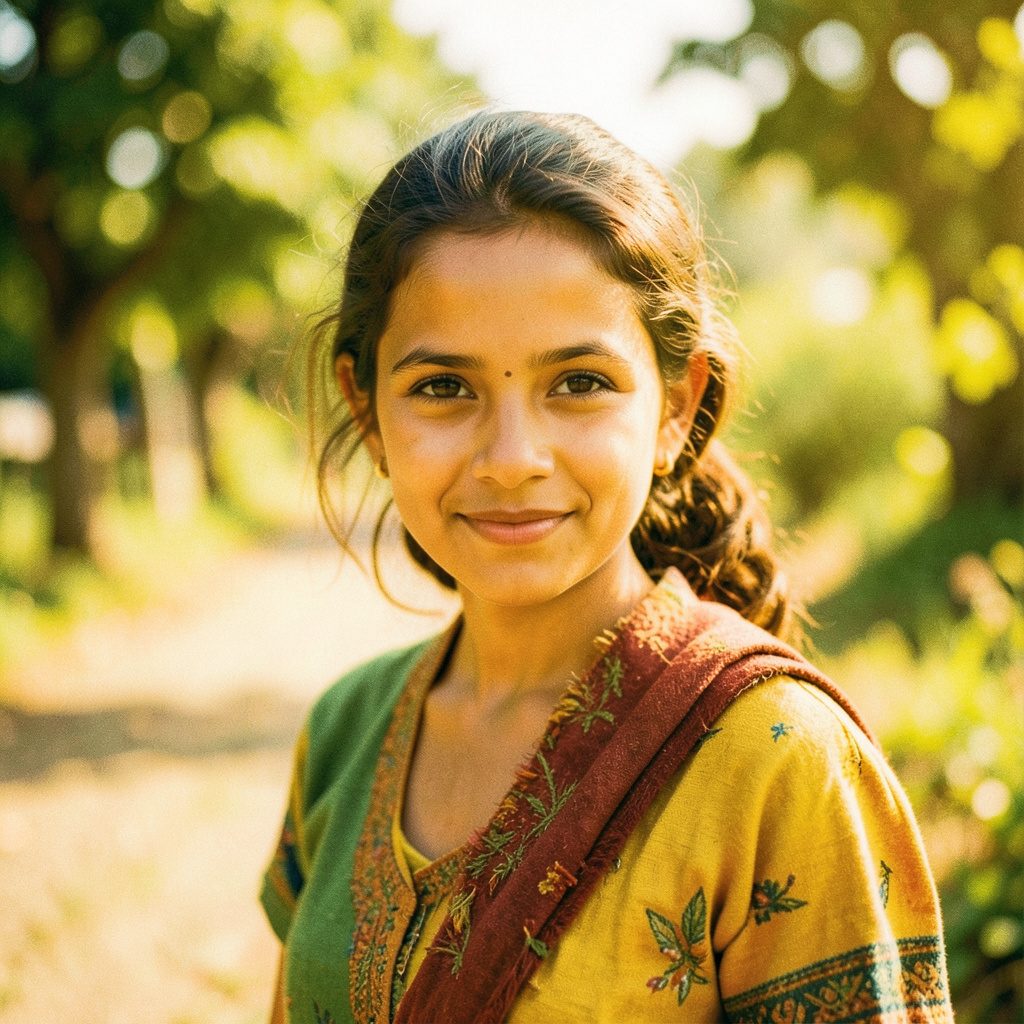 Soft portrait of a young woman posing gently in daylight, natural makeup, warm beige background, calm and elegant mood