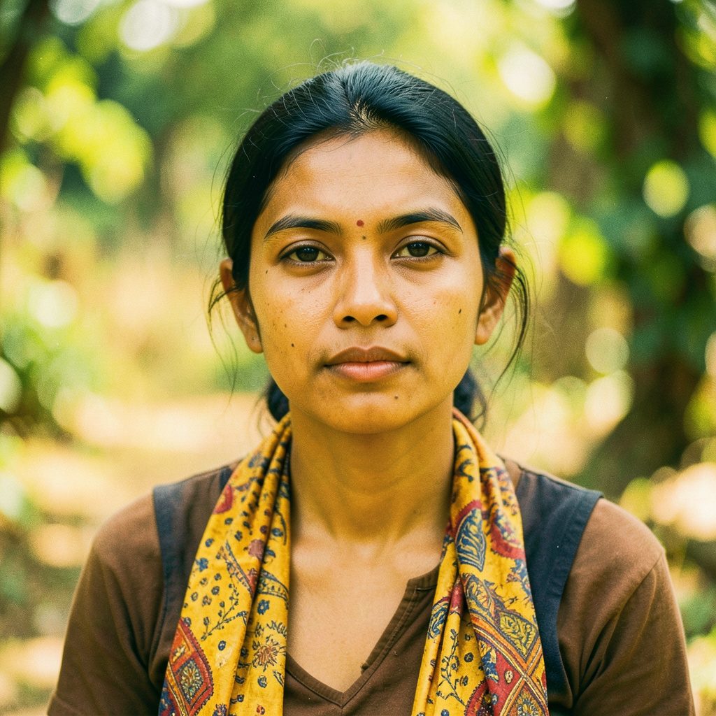 A young Myanmar woman in traditional dress, seated gracefully with a calm expression, warm golden light, rich fabric textures, deep reds and golds against a muted background.